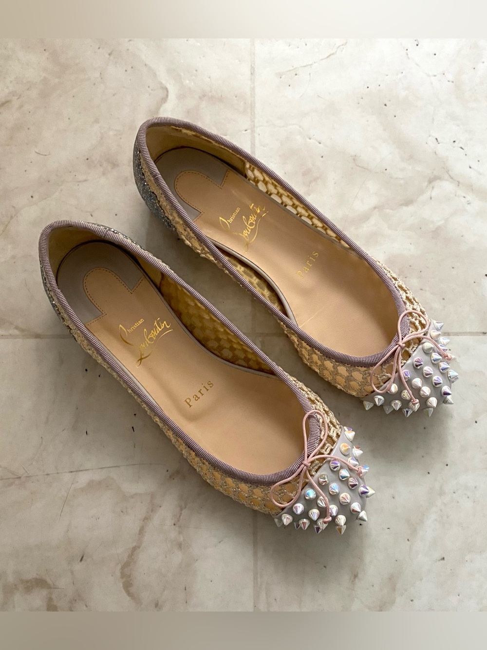 Christian Louboutin Follies Strass Mix Flat Spiked Mesh Ballet Flats Size 6/36